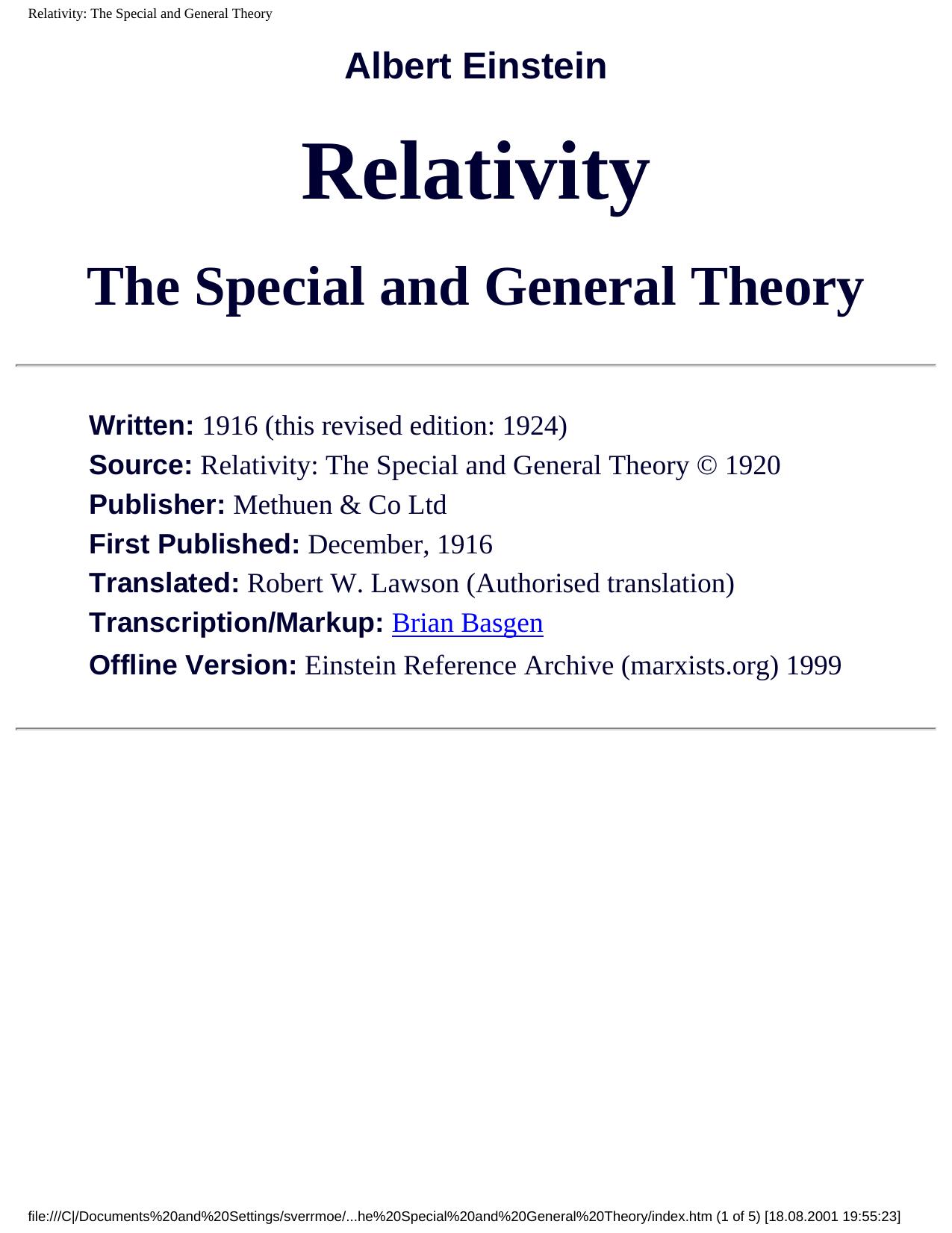 Relativity.The Special and General Theory by Albert Einstein