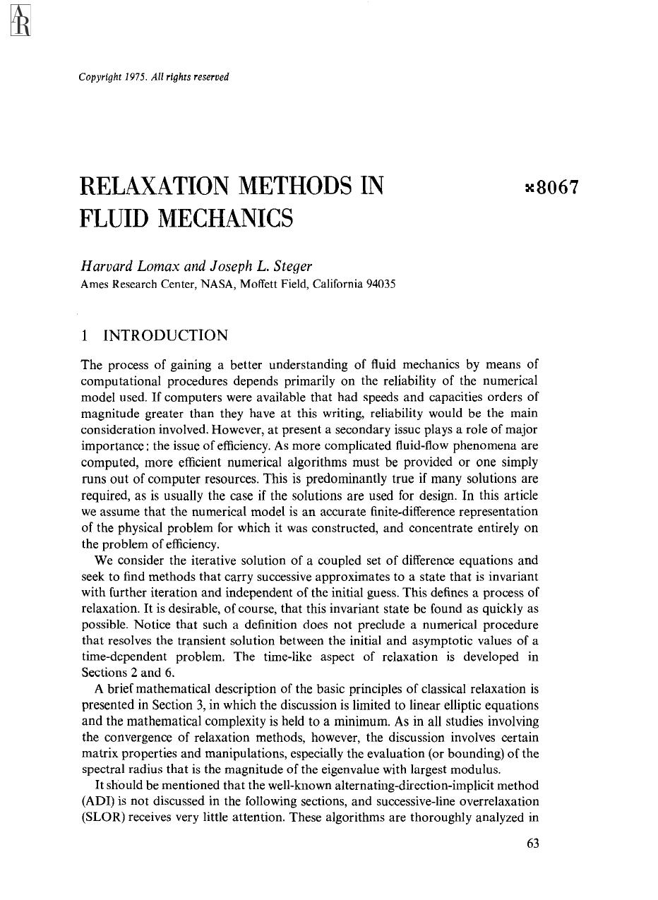 Relaxation Methods in Fluid Mechanics by H Lomax and J L Steger