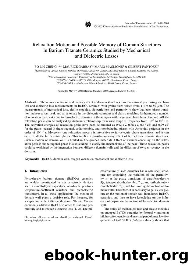 Relaxation Motion and Possible Memory of Domain Structures in Barium Titanate Ceramics Studied by Mechanical and Dielectric Losses by Unknown