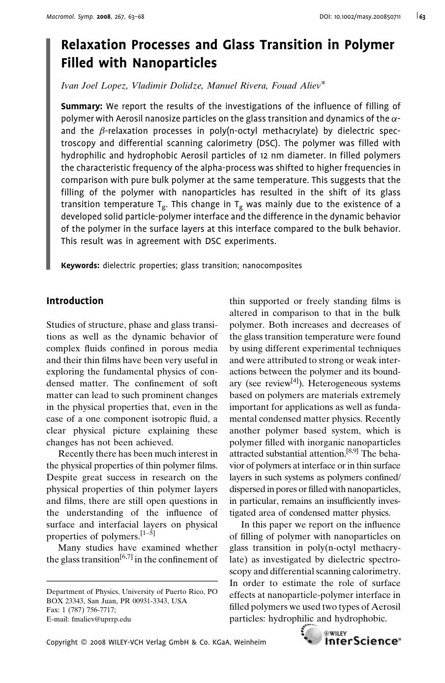 Relaxation Processes and Glass Transition in Polymer Filled with Nanoparticles by Unknown
