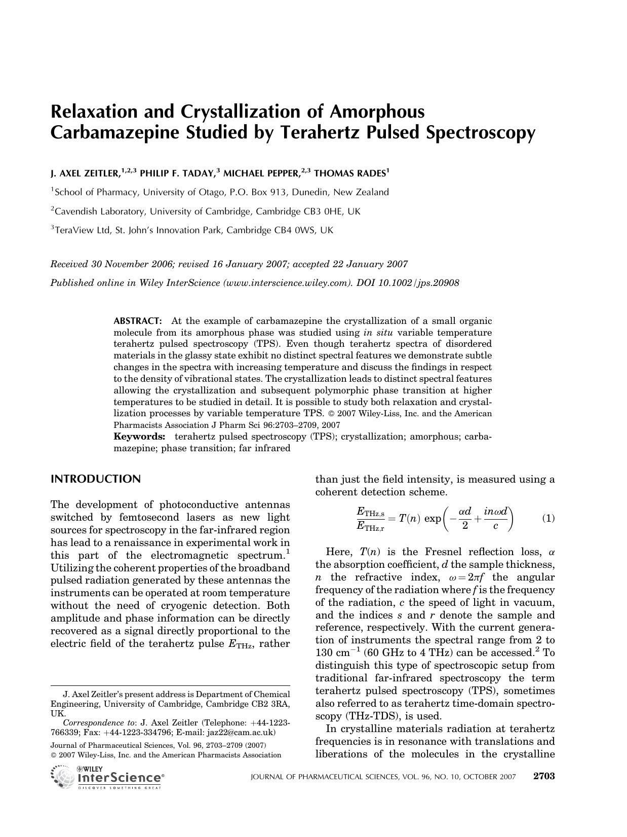 Relaxation and crystallization of amorphous carbamazepine studied by terahertz pulsed spectroscopy by Unknown
