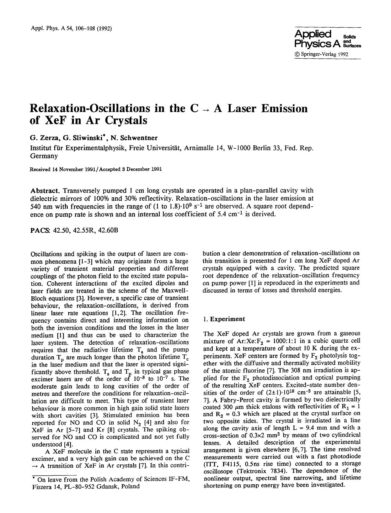 Relaxation-oscillations in the C → A laser emission of XeF in Ar crystals by Unknown