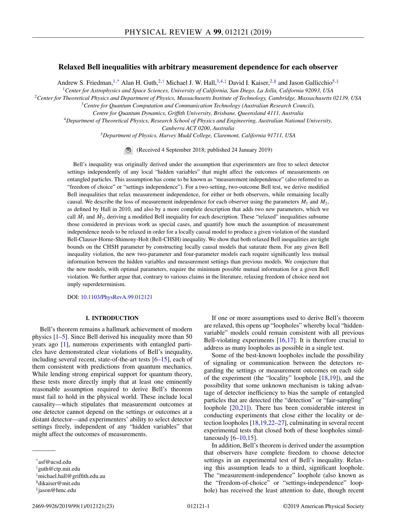 Relaxed Bell inequalities with arbitrary measurement dependence for each observer by Andrew S. Friedman & Alan H. Guth & Michael J. W. Hall & David I. Kaiser & Jason Gallicchio