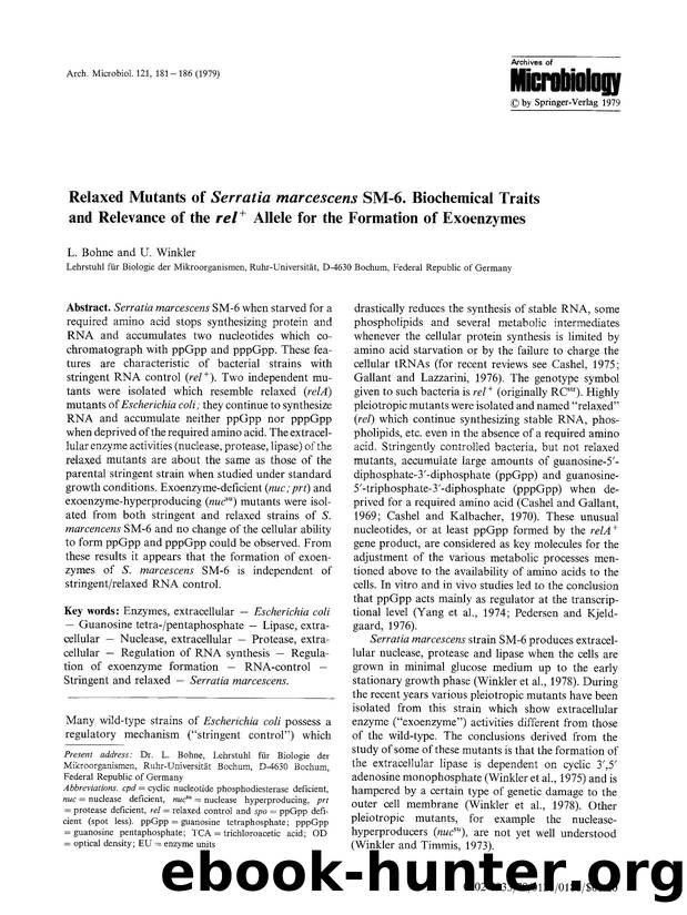Relaxed mutants of <Emphasis Type="Italic">Serratia marcescens <Emphasis> SM-6. Biochemical traits and relevance of the <Emphasis Type="BoldItalic">rel <Emphasis> <Superscript>+ <S by Unknown
