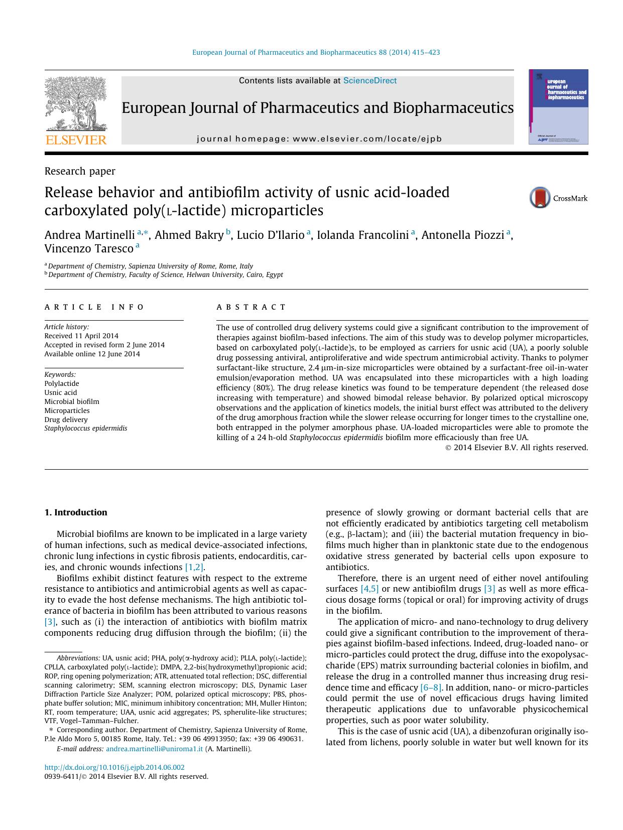 Release behavior and antibiofilm activity of usnic acid-loaded carboxylated poly(l-lactide) microparticles by unknow