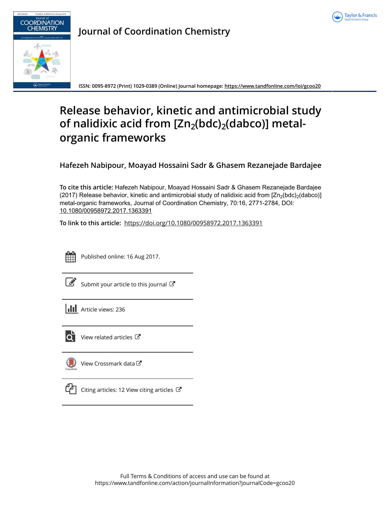 Release behavior, kinetic and antimicrobial study of nalidixic acid from [Zn2(bdc)2(dabco)] metal-organic frameworks by Hafezeh Nabipour & Moayad Hossaini Sadr & Ghasem Rezanejade Bardajee
