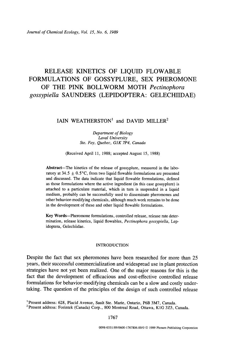 Release kinetics of liquid flowable formulations of gossyplure, sex pheromone of the pink bollworm moth <Emphasis Type="Italic">Pectinophora gossypiella <Emphasis> saunders (Lepidoptera: Gelechiidae) by Unknown