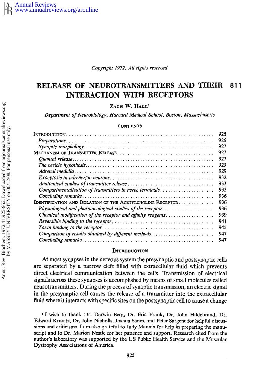 Release of Neurotransmitters and Their Interaction with Receptors by Z W Hall