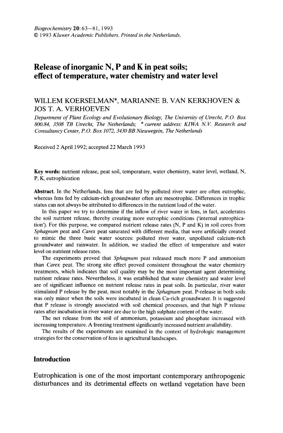 Release of inorganic N, P and K in peat soils; effect of temperature, water chemistry and water level by Unknown