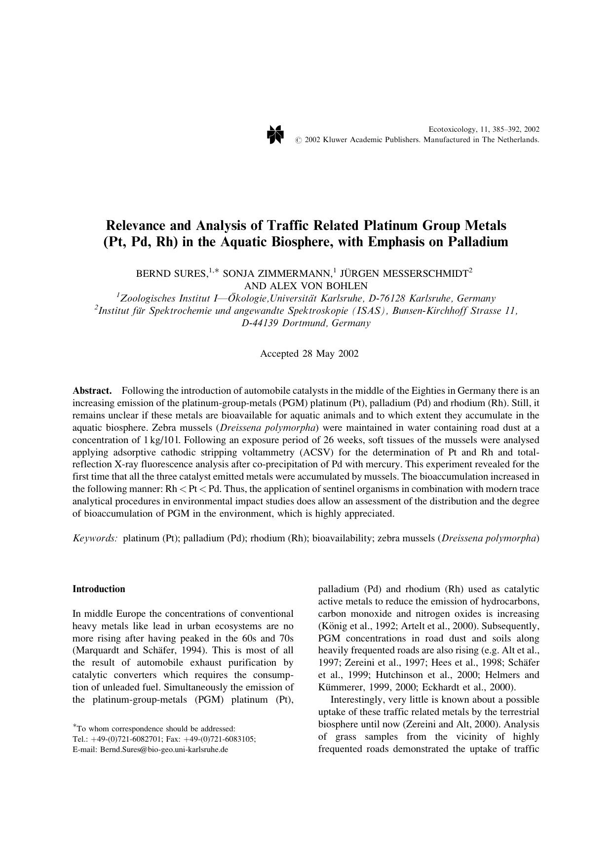 Relevance and Analysis of Traffic Related Platinum Group Metals(Pt, Pd, Rh) in the Aquatic Biosphere, with Emphasis on Palladium by Unknown