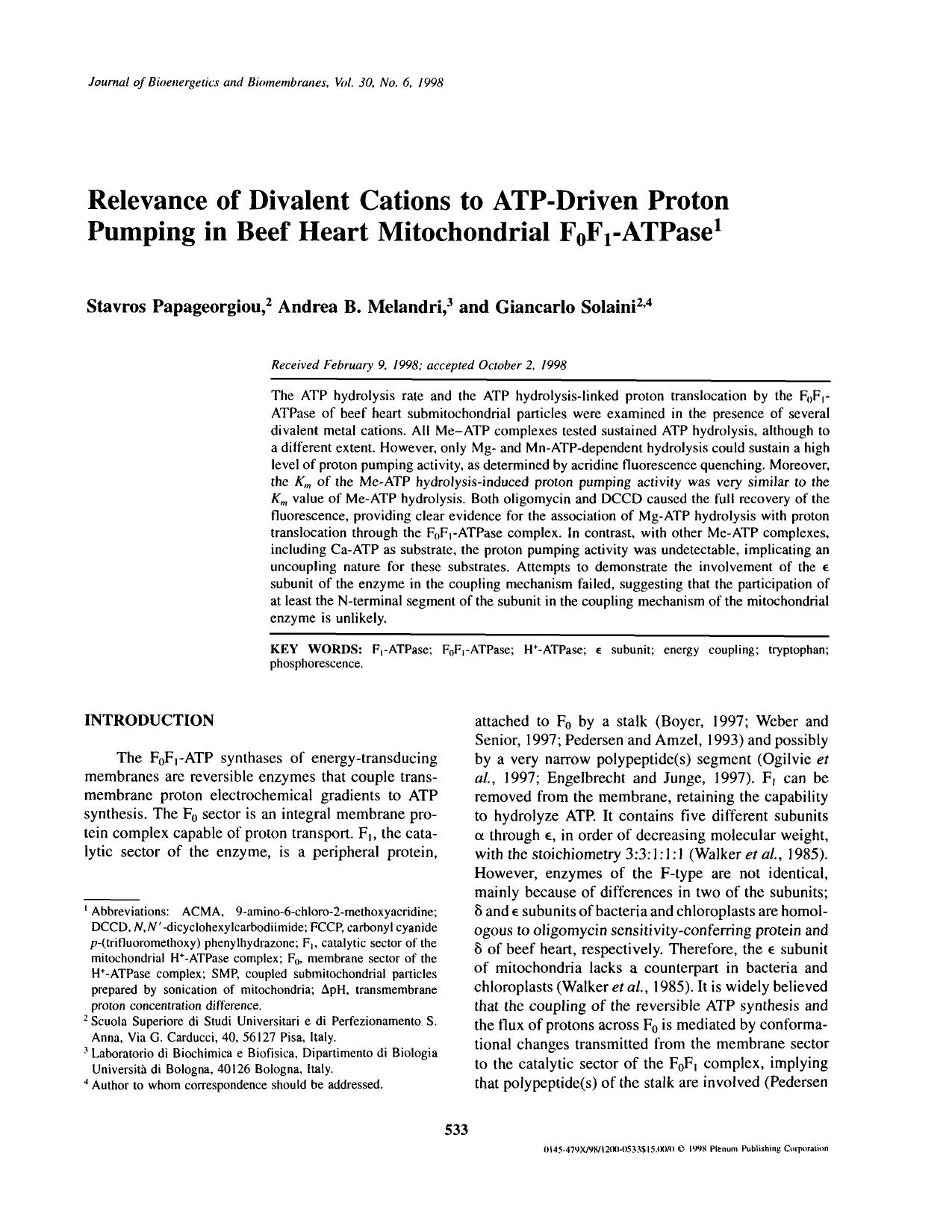 Relevance of Divalent Cations to ATP-Driven Proton Pumping in Beef Heart Mitochondrial F<Subscript>0<Subscript>F<Subscript>1<Subscript>-ATPase by Unknown