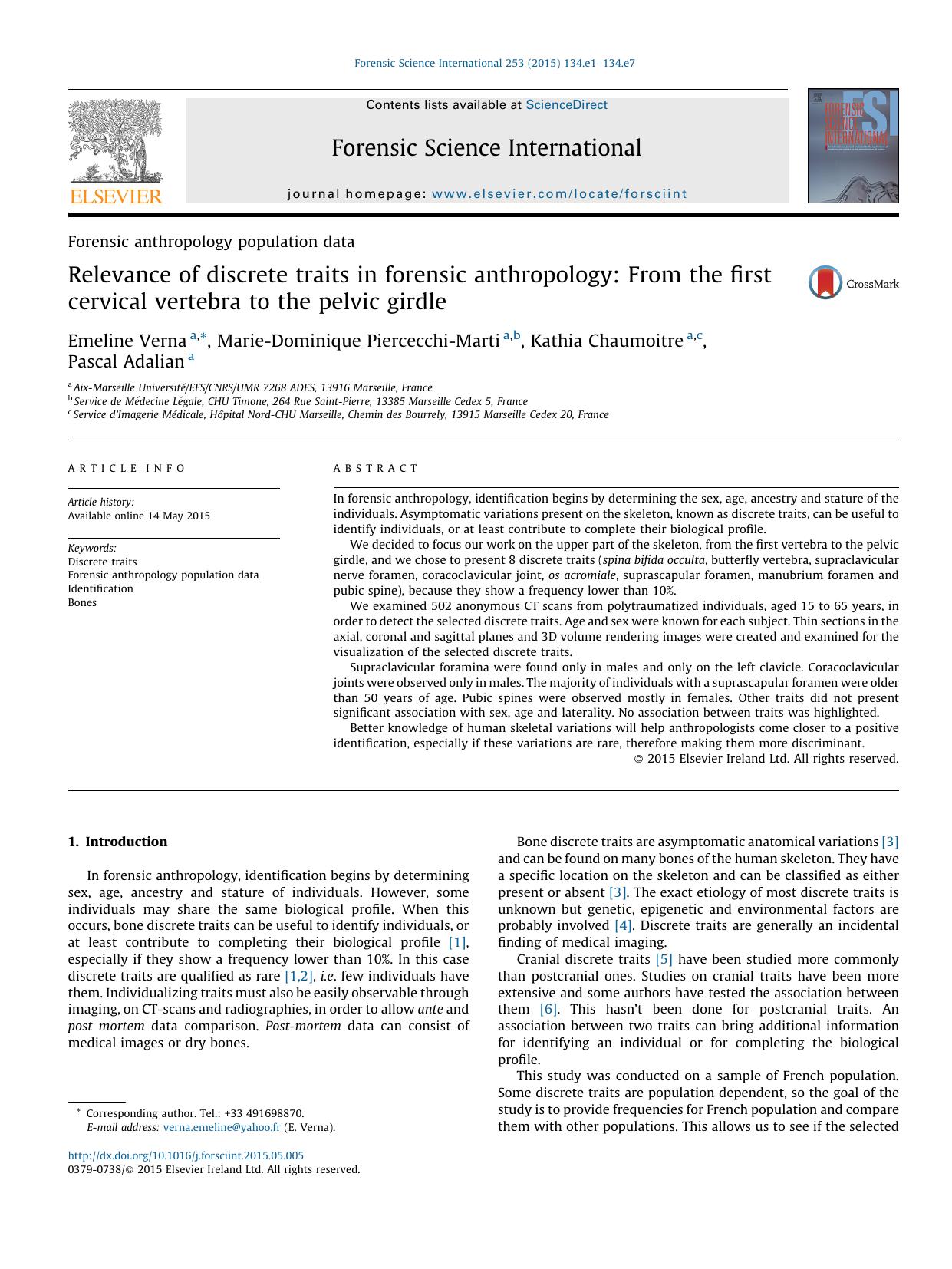 Relevance of discrete traits in forensic anthropology: From the first cervical vertebra to the pelvic girdle by Emeline Verna & Marie-Dominique Piercecchi-Marti & Kathia Chaumoitre & Pascal Adalian