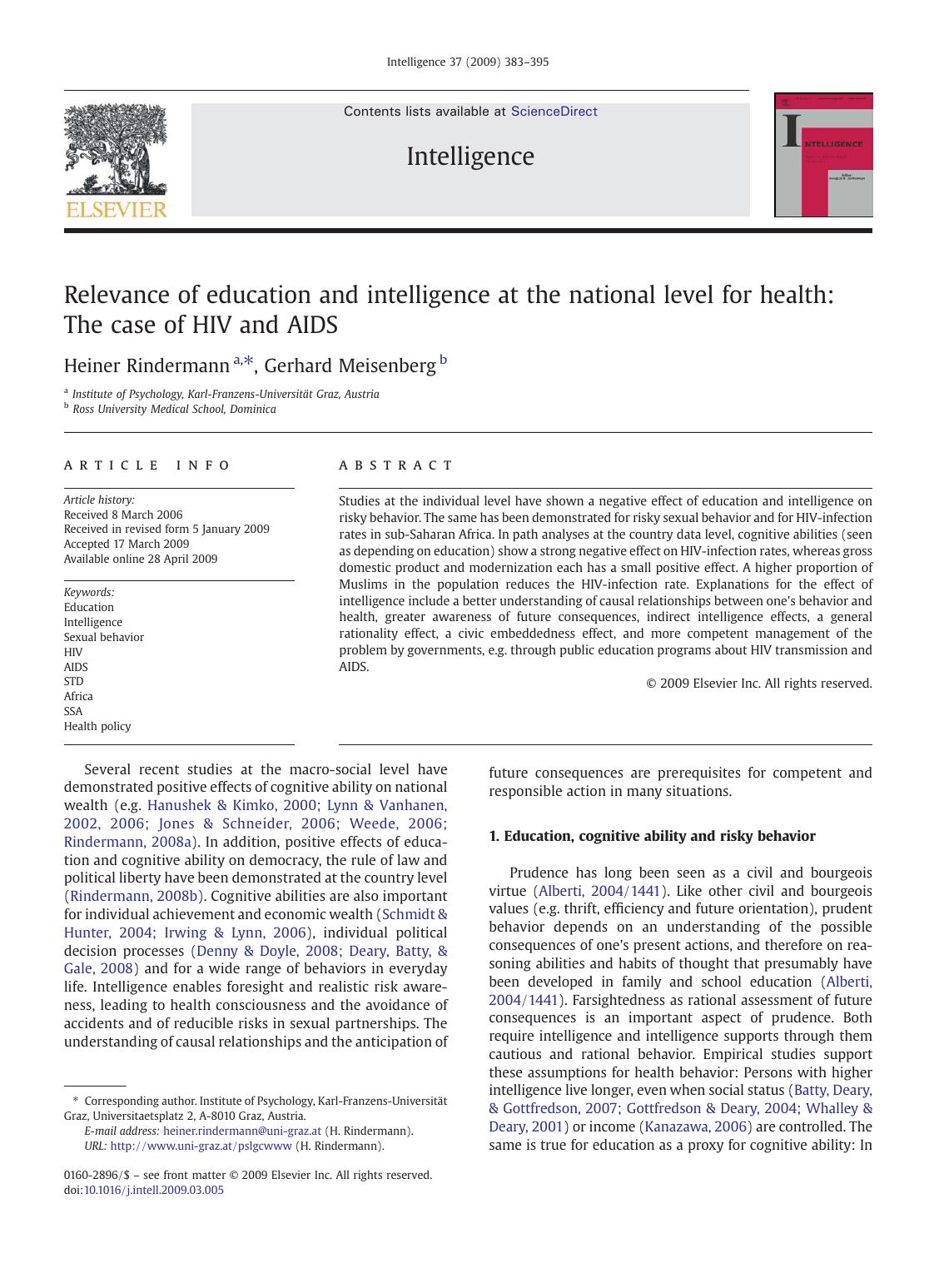 Relevance of education and intelligence at the national level for health: The case of HIV and AIDS by Heiner Rindermann; Gerhard Meisenberg