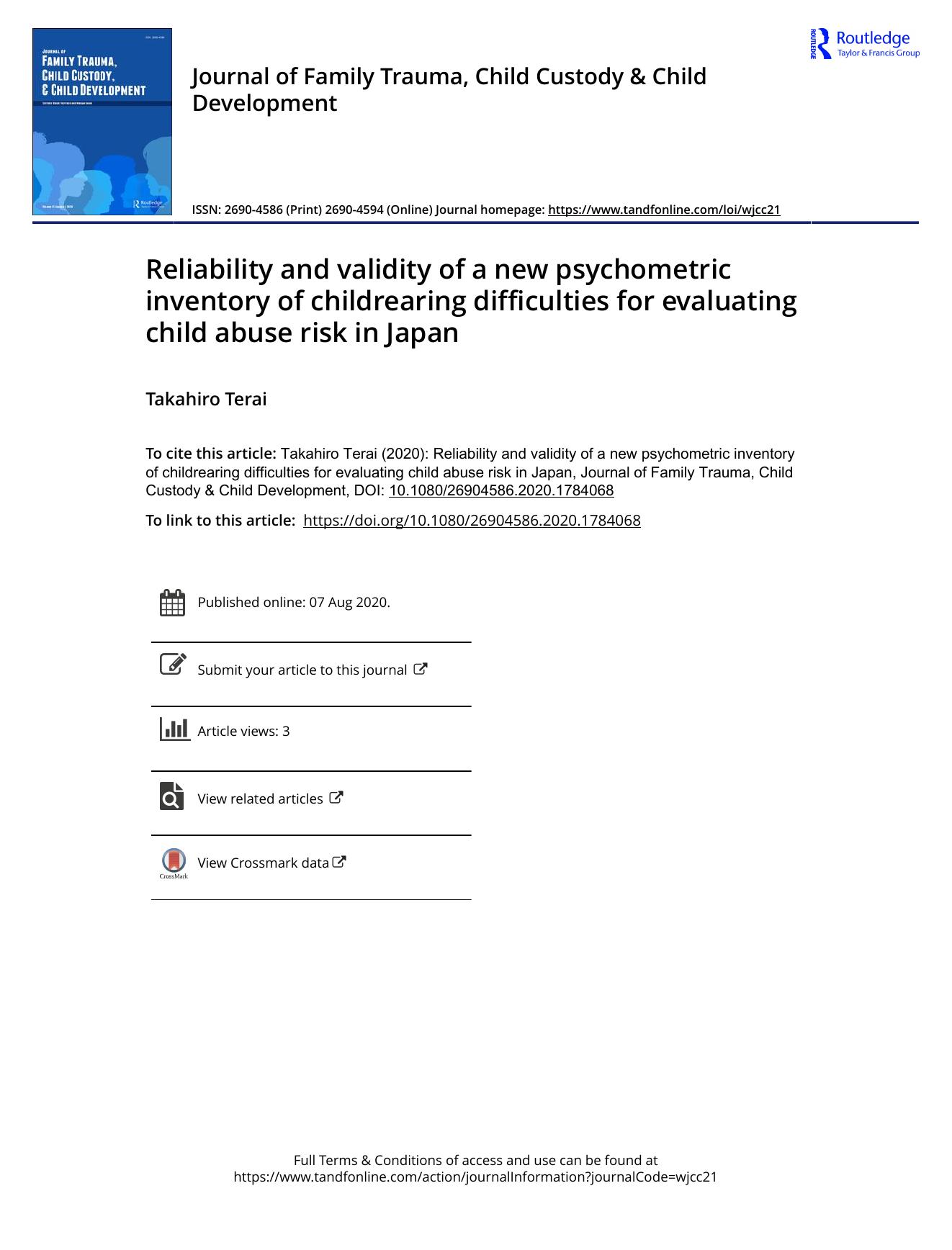 Reliability and validity of a new psychometric inventory of childrearing difficulties for evaluating child abuse risk in Japan by Terai Takahiro
