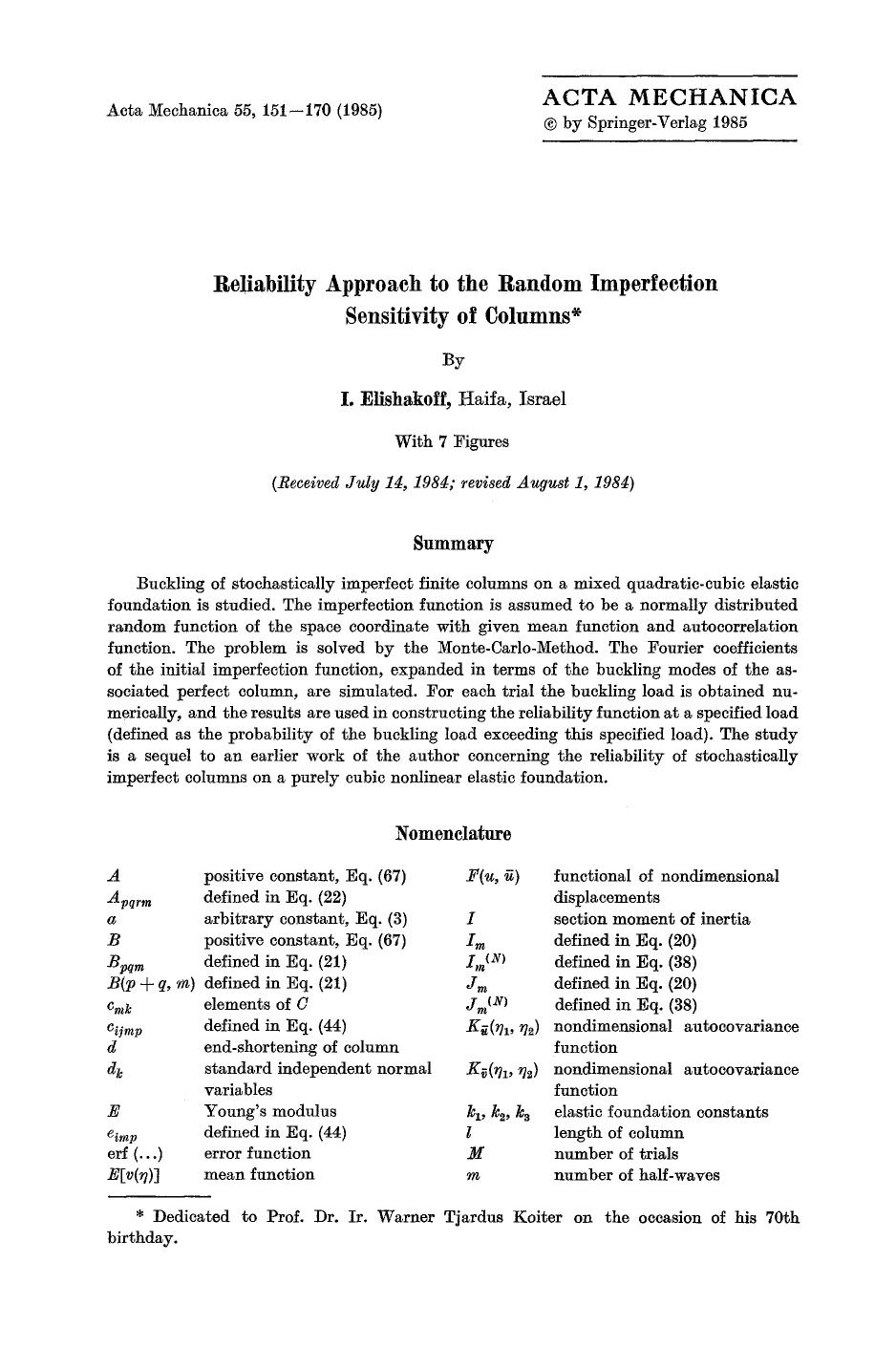 Reliability approach to the random imperfection sensitivity of columns by Unknown