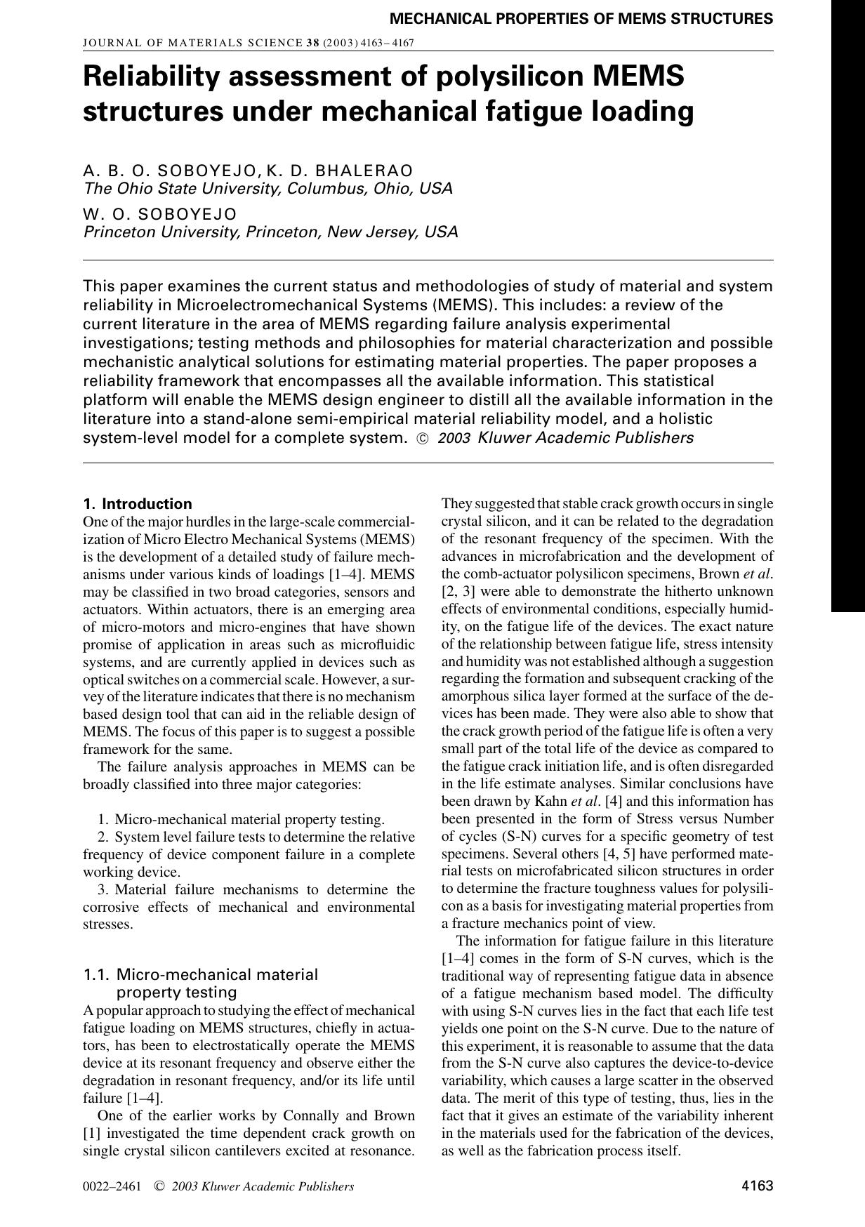 Reliability assessment of polysilicon MEMS structures under mechanical fatigue loading by Unknown