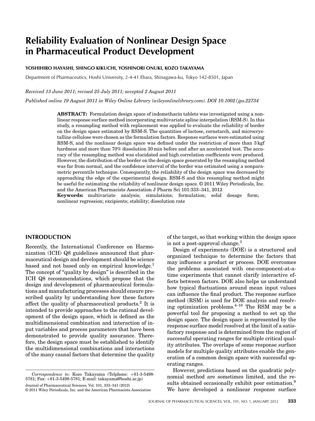 Reliability evaluation of nonlinear design space in pharmaceutical product development by Unknown