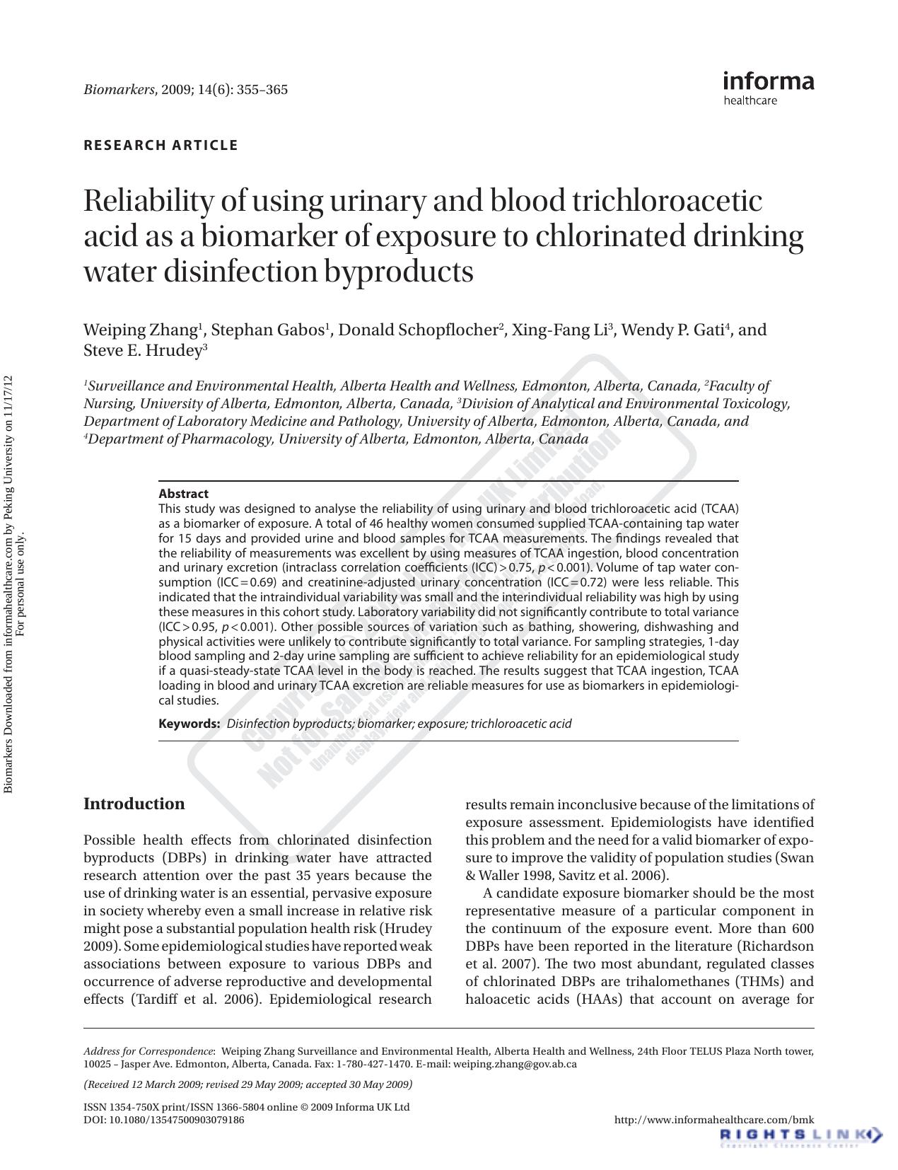Reliability of using urinary and blood trichloroacetic acid as a biomarker of exposure to chlorinated drinking water disinfection byproducts by Weiping Zhang Stephan Gabos Donald Schopflocher Xing-Fang Li Wendy P. Gati & Steve E. Hrudey