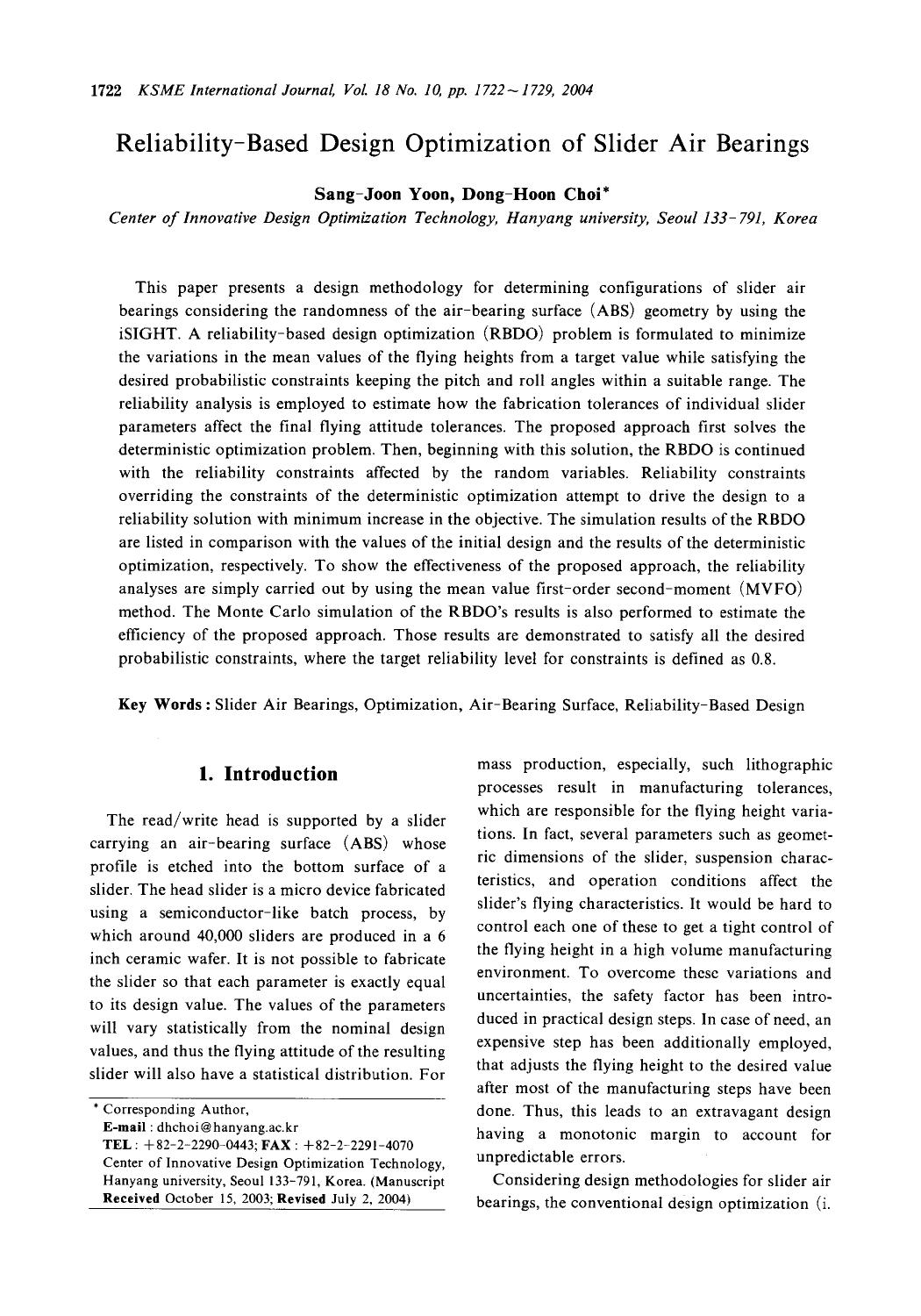Reliability-based design optimization of slider air bearings by Unknown