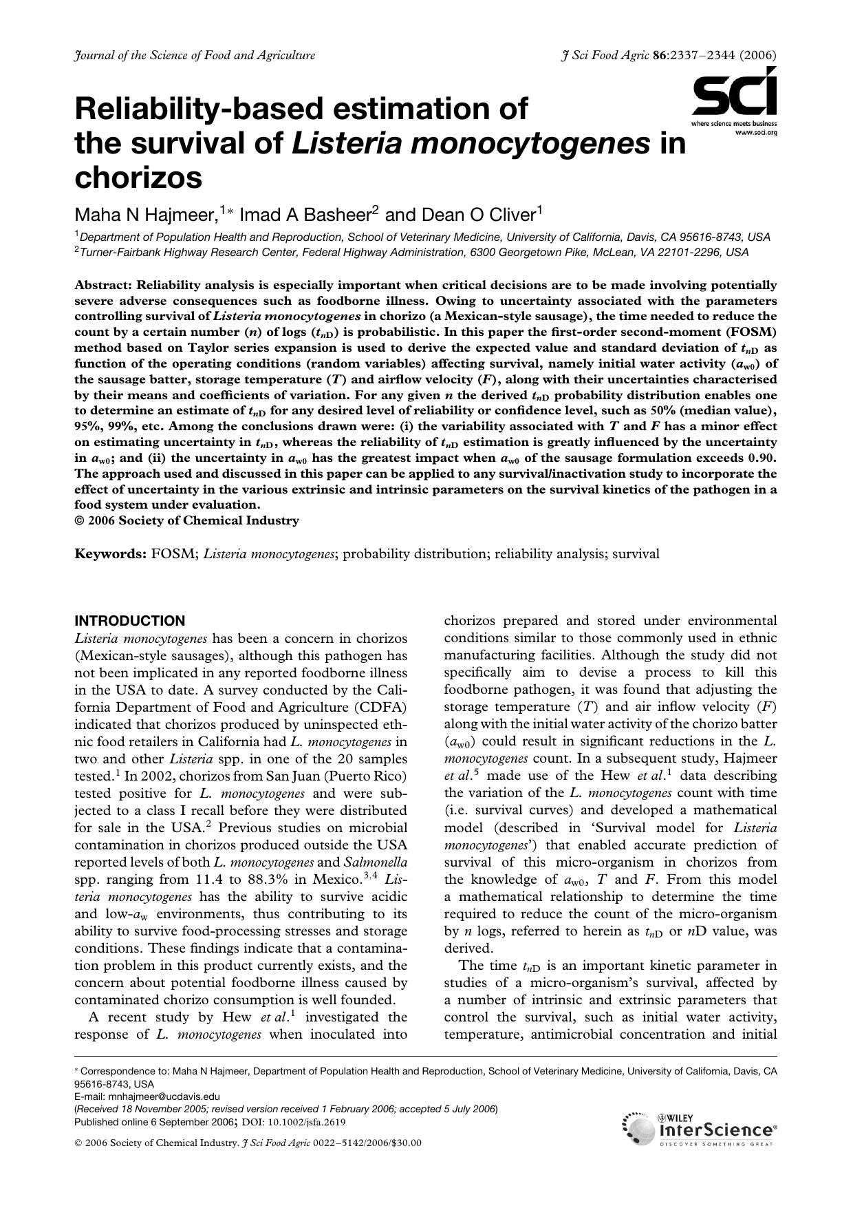 Reliability-based estimation of the survival of Listeria monocytogenes in chorizos by Unknown