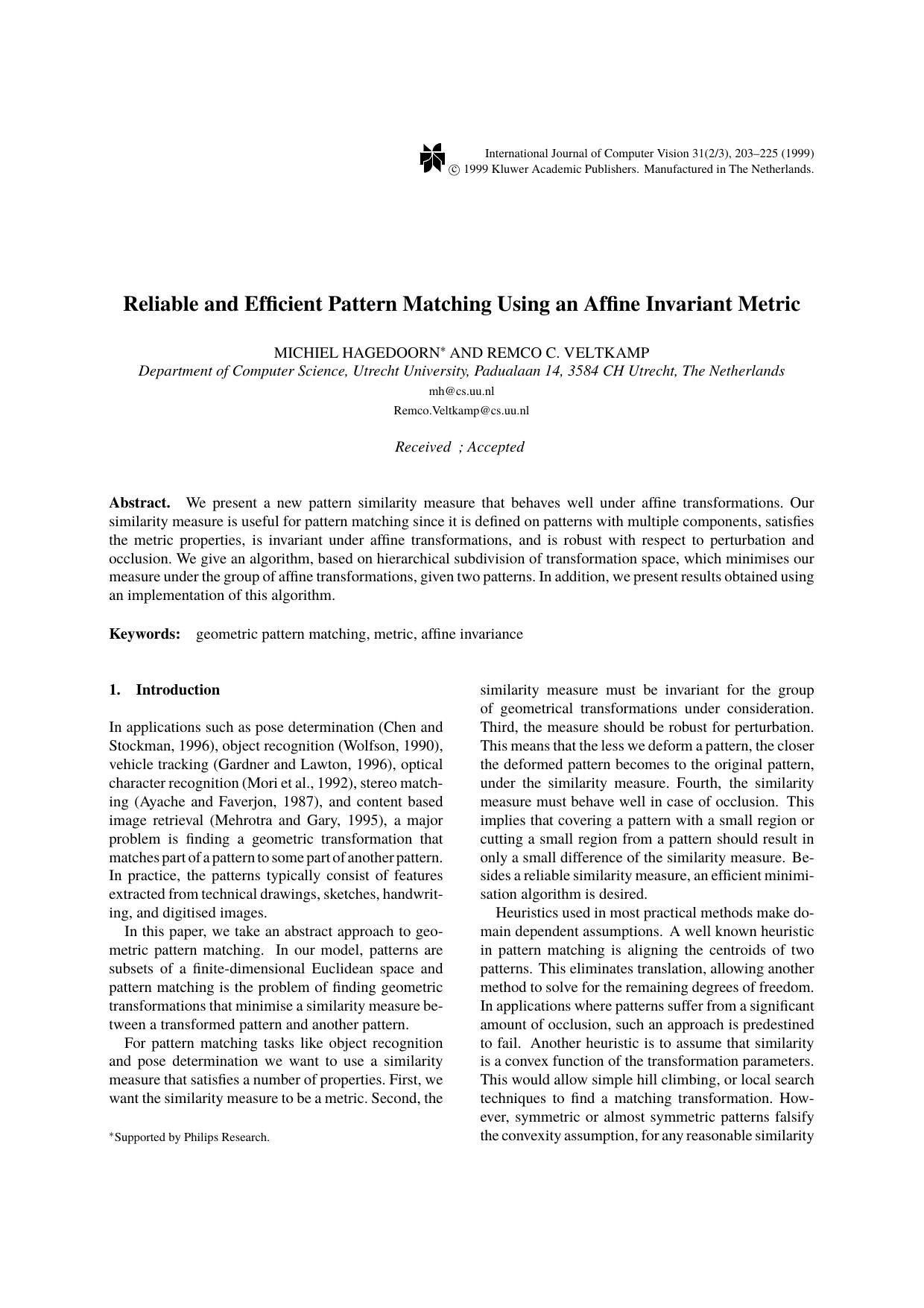 Reliable and Efficient Pattern Matching Using an Affine Invariant Metric by Reliable & Efficient Pattern Matching Using an Affine Invariant Metric