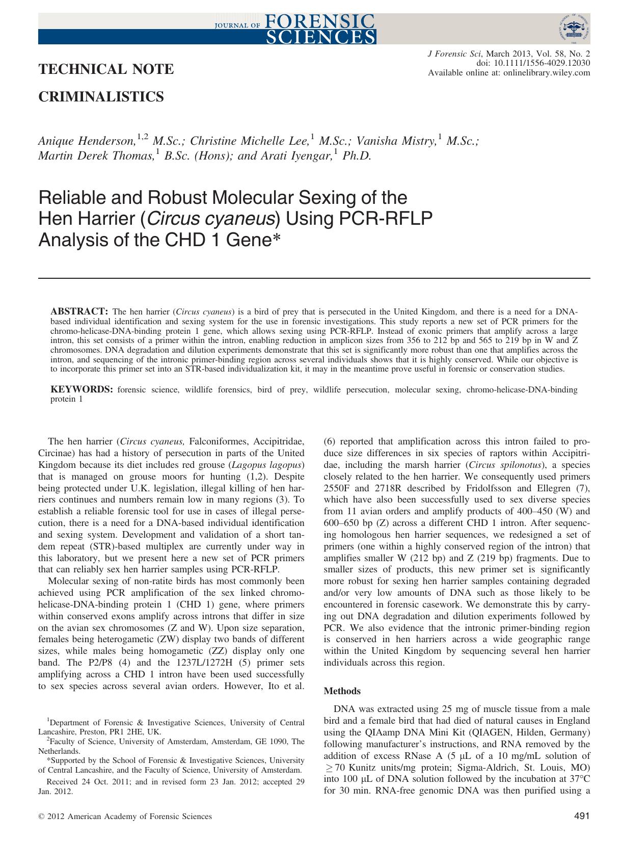 Reliable and Robust Molecular Sexing of the Hen Harrier (Circus cyaneus) Using PCRRFLP Analysis of the CHD 1 Gene by Unknown
