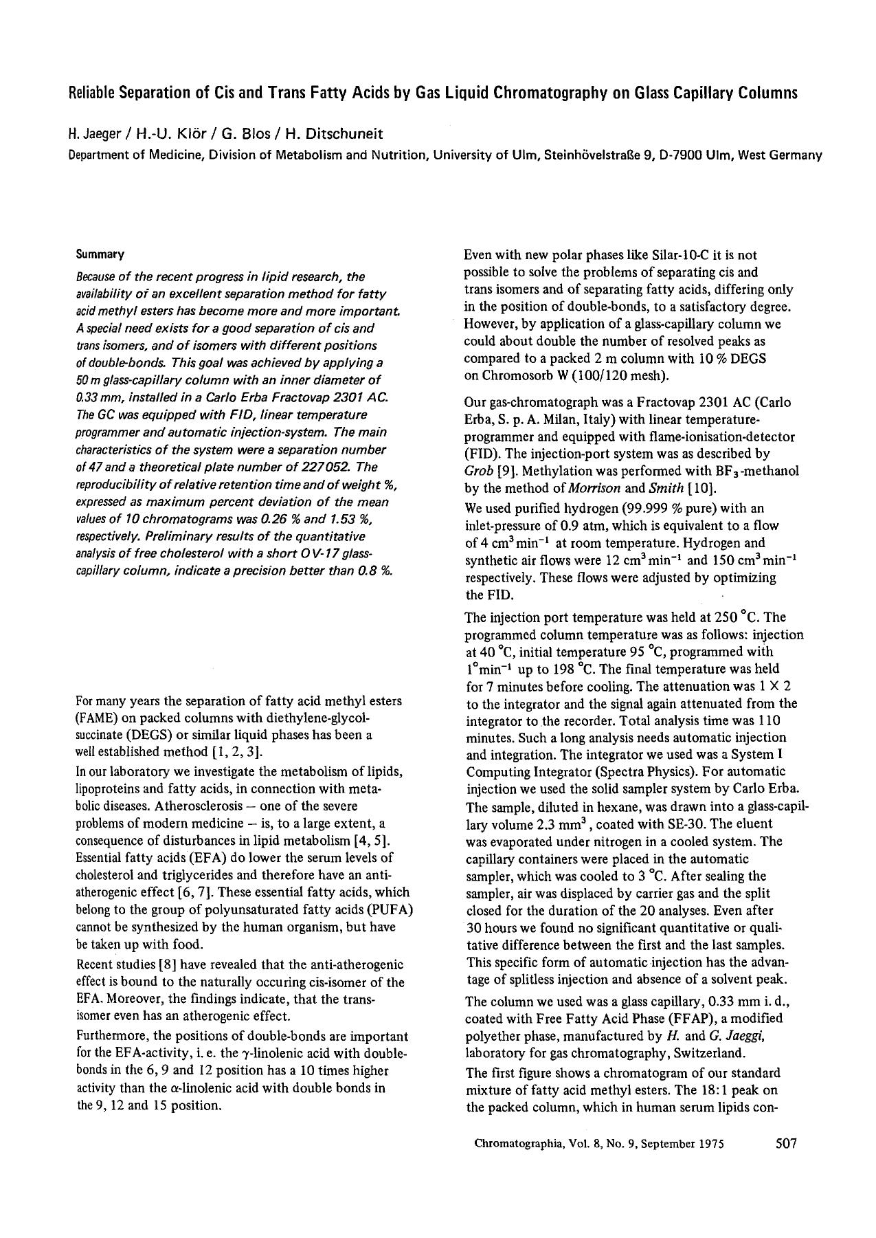 Reliable separation of cis and trans fatty acids by gas liquid chromatography on glass capillary columns by Unknown