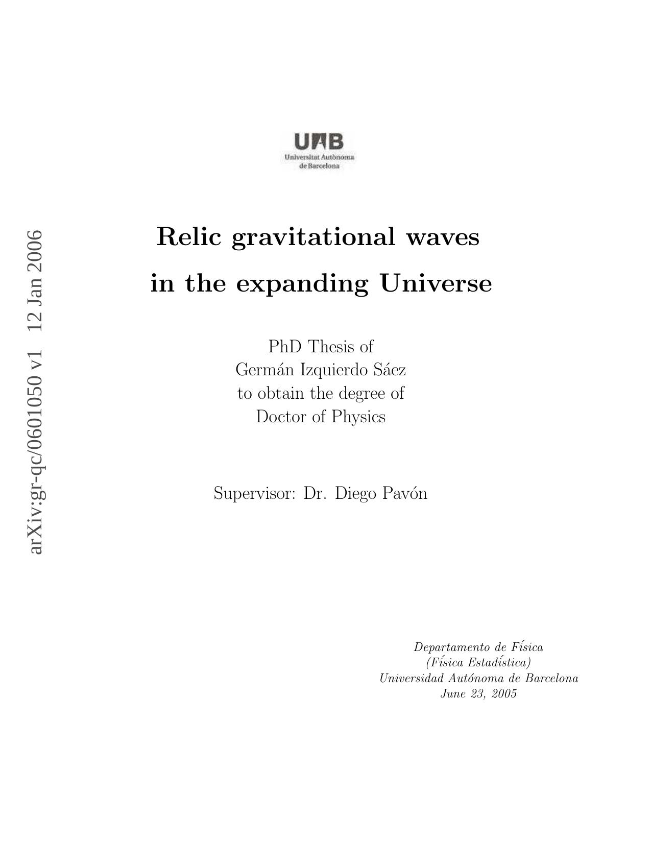 Relic gravitational waves in the expanding Universe by Germán Izquierdo Sáez