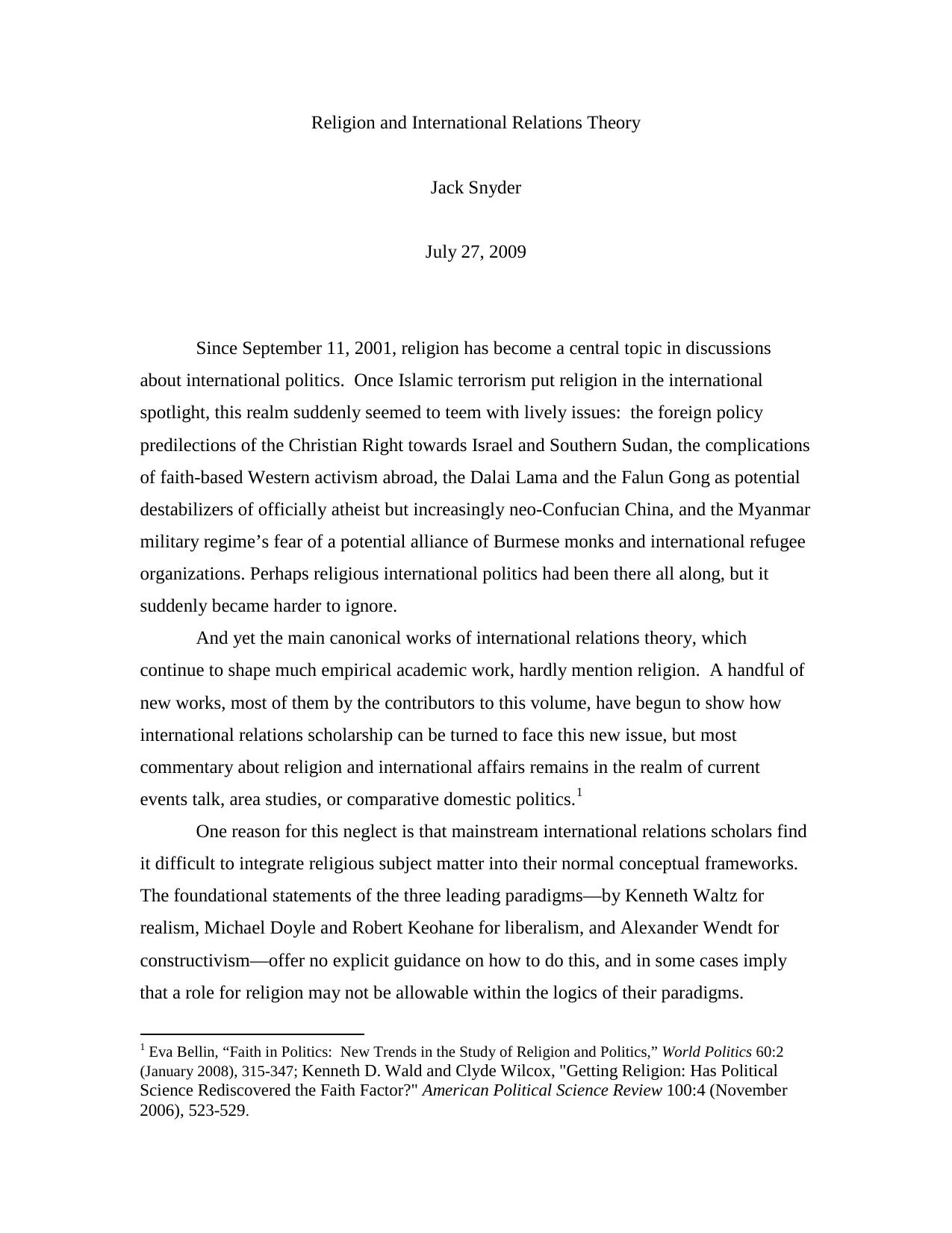 Religion and International Relations Theory by Snyder Jack