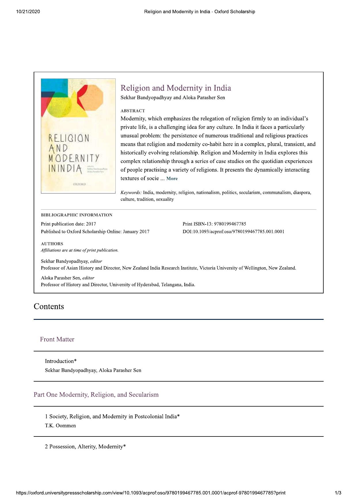 Religion and Modernity in India by Sekhar Bandyopadhyay (editor) Aloka Parasher Sen (editor)
