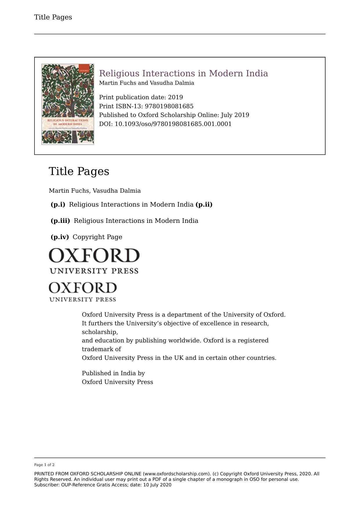 Religious Interactions in Modern India by Martin Fuchs (editor) Vasudha Dalmia (editor)