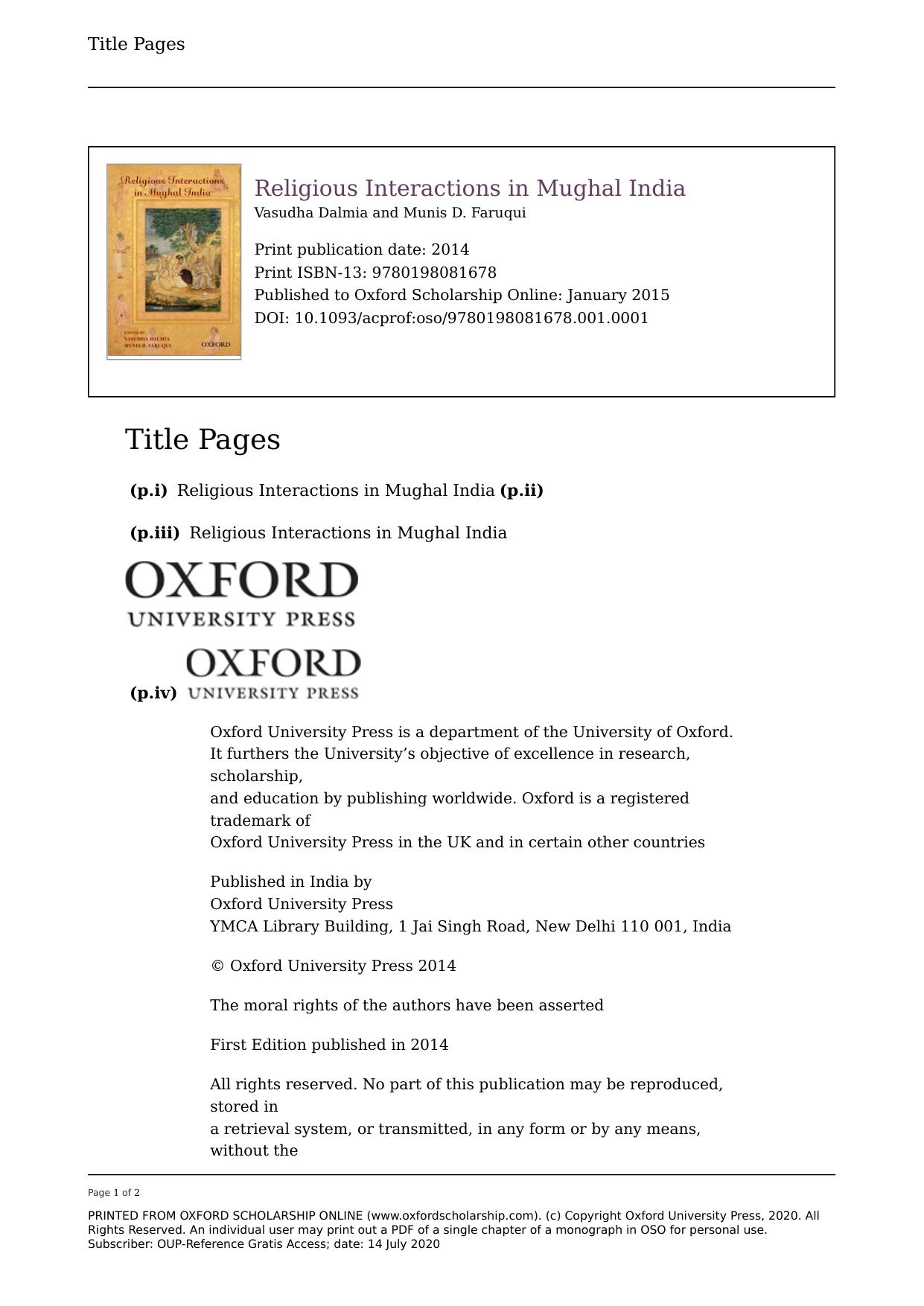 Religious Interactions in Mughal India by Vasudha Dalmia Munis D. Faruqui