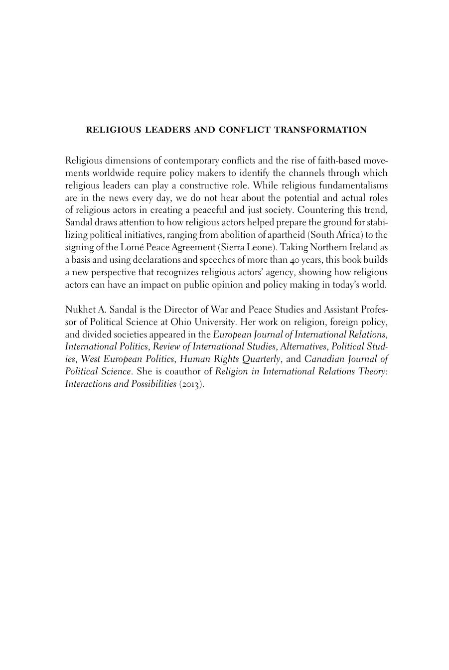 Religious Leaders and Conflict Transformation: Northern Ireland and Beyond by Nukhet A. Sandal