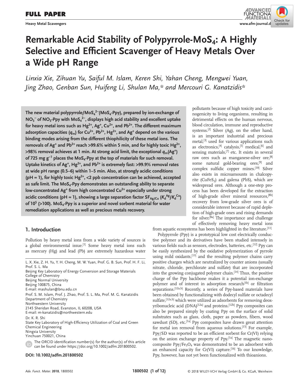 Remarkable Acid Stability of PolypyrroleâMoS4: A Highly Selective and Efficient Scavenger of Heavy Metals Over a Wide pH Range by Unknown
