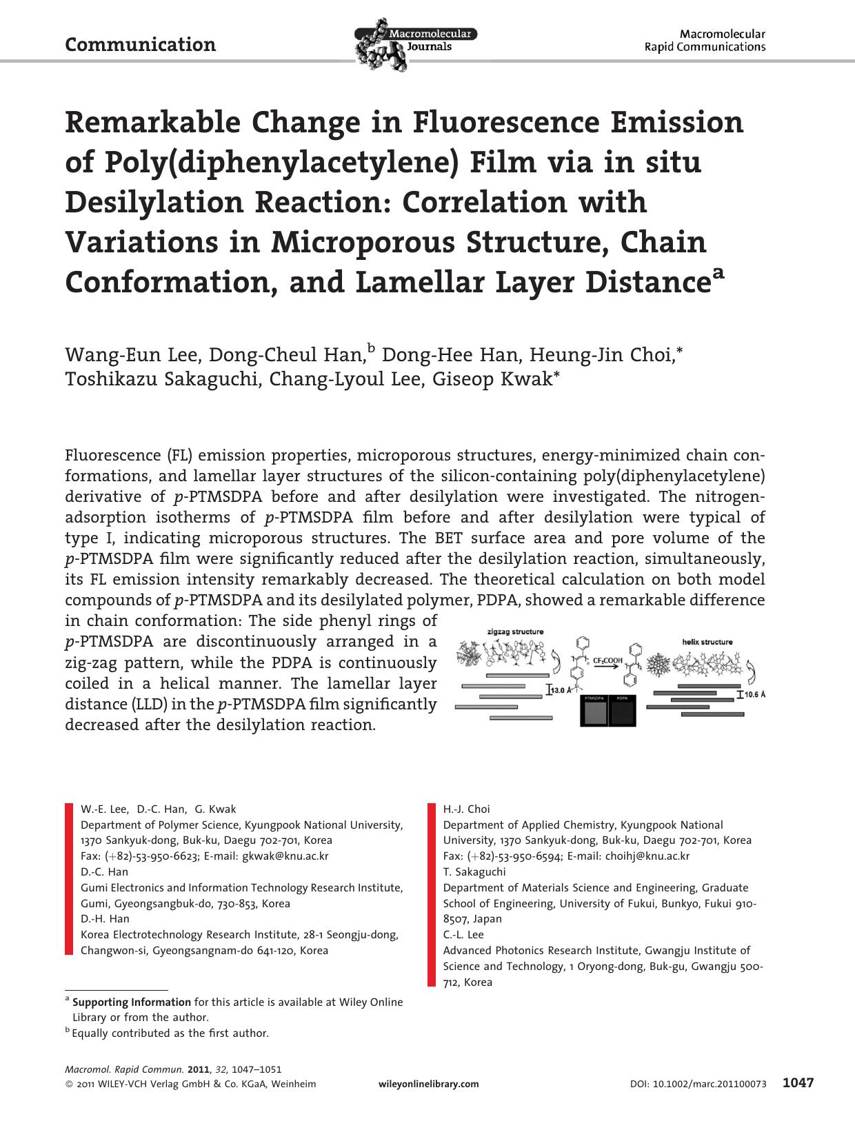 Remarkable Change in Fluorescence Emission of Poly(diphenylacetylene) Film via in situ Desilylation Reaction: Correlation with Variations in Microporous Structure, Chain Conformati by Unknown