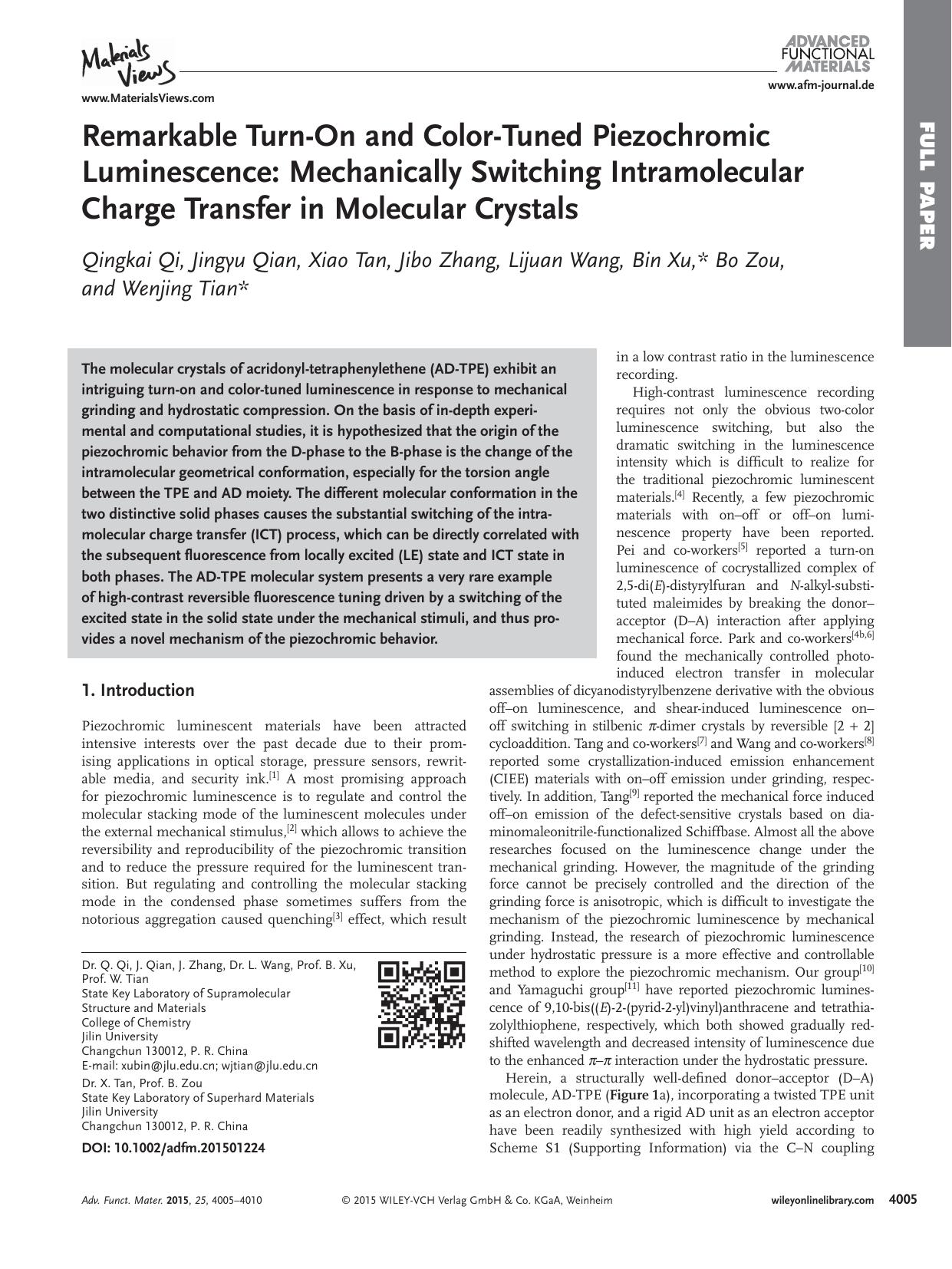 Remarkable Turn‐On and Color‐Tuned Piezochromic Luminescence: Mechanically Switching Intramolecular Charge Transfer in Molecular Crystals by Unknown
