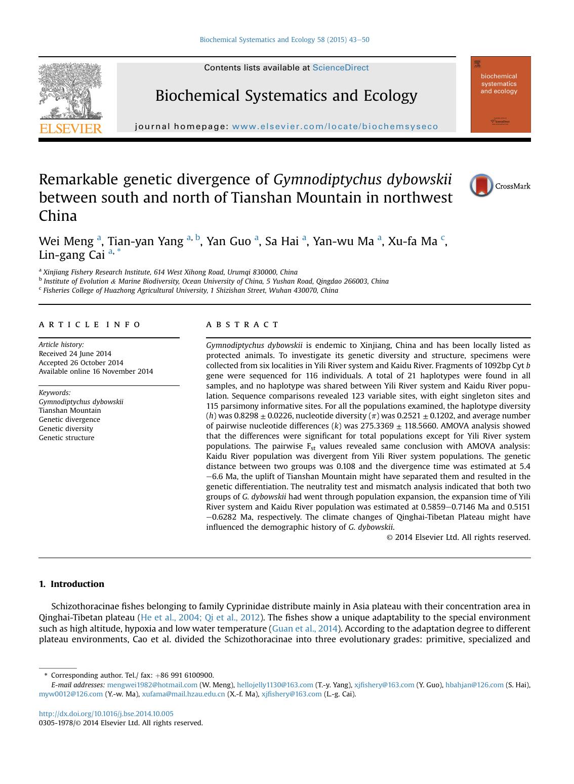 Remarkable genetic divergence of Gymnodiptychus dybowskii between south and north of Tianshan Mountain in northwest China by Wei Meng & Tian-yan Yang & Yan Guo & Sa Hai & Yan-wu Ma & Xu-fa Ma & Lin-gang Cai