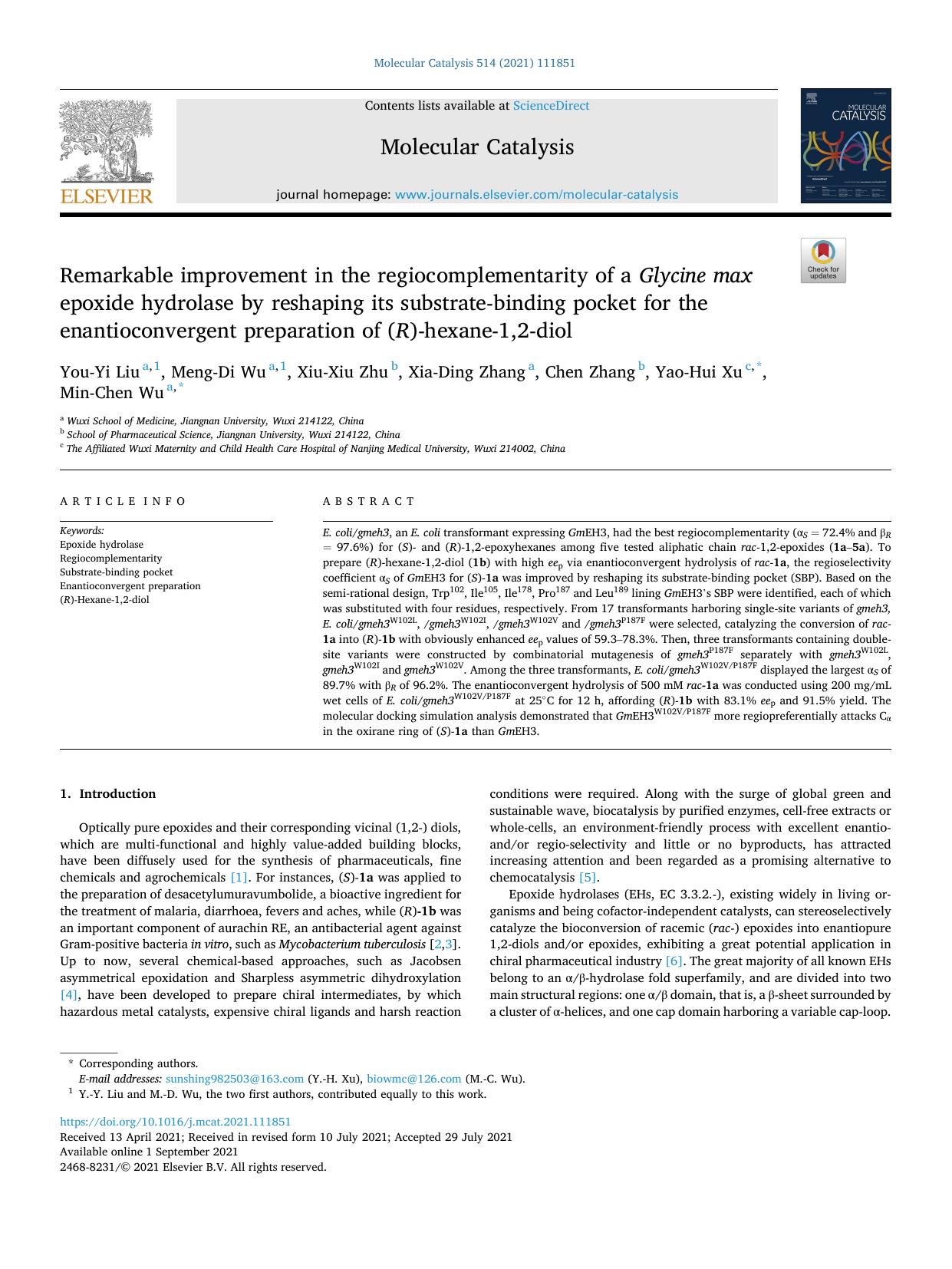 Remarkable improvement in the regiocomplementarity of a Glycine max epoxide hydrolase by reshaping its substrate-binding pocket for the enantioconvergent preparation of ( R )-hexane-1,2-diol by You-Yi Liu & Meng-Di Wu & Xiu-Xiu Zhu & Xia-Ding Zhang & Chen Zhang & Yao-Hui Xu & Min-Chen Wu