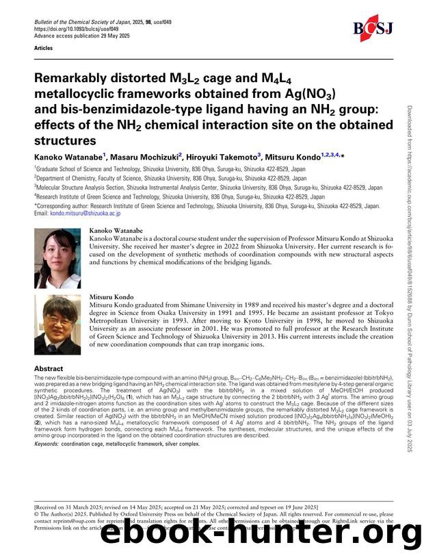 Remarkably distorted M3L2 cage and M4L4 metallocyclic frameworks obtained from Ag(NO3) and bis-benzimidazole-type ligand having an NH2 group: effects of the NH2 chemical interactio by Kanoko Watanabe & Masaru Mochizuki & Hiroyuki Takemoto & Mitsuru Kondo