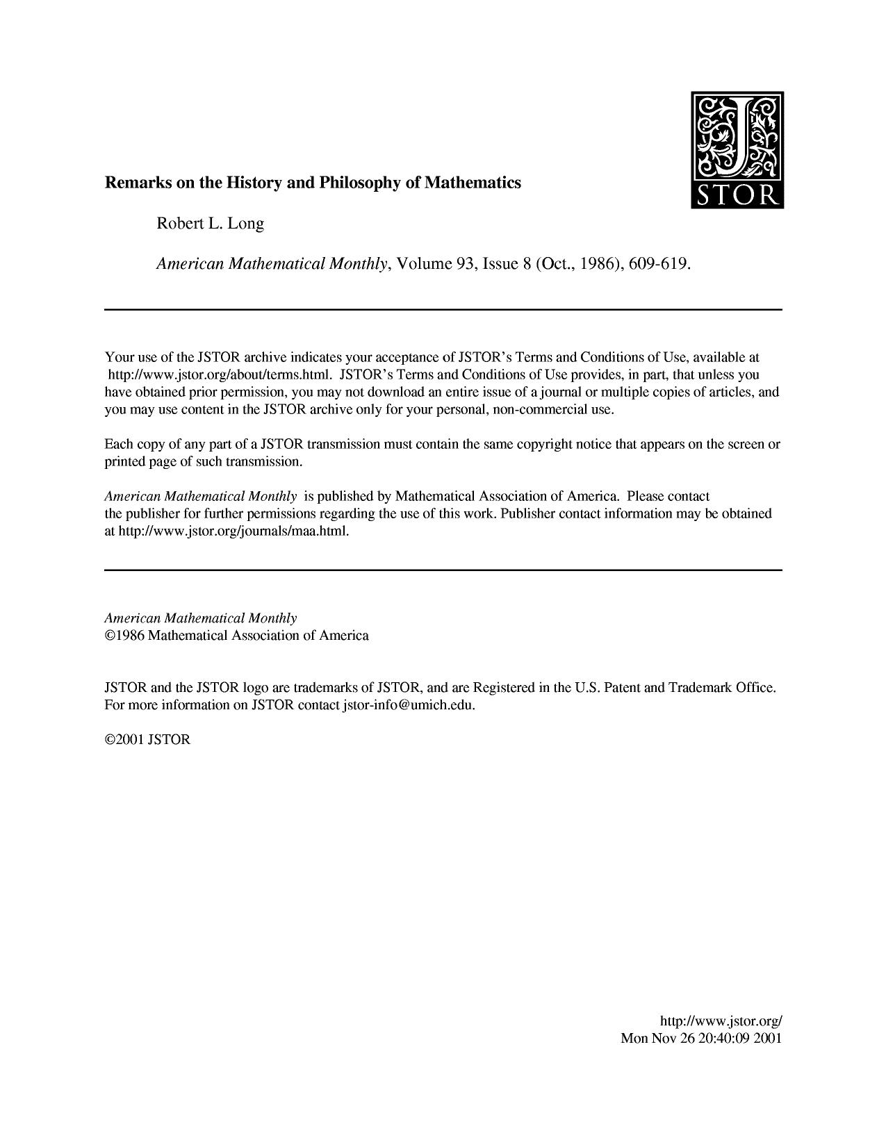 Remarks On The History And Philosophy Of Mathematics by Unknown