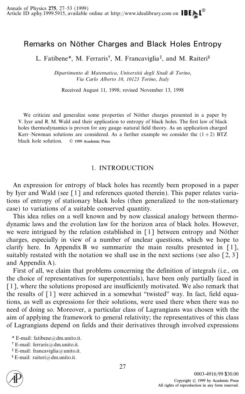 Remarks on NÃ¶ther Charges and Black Holes Entropy by Fatibene L. et al