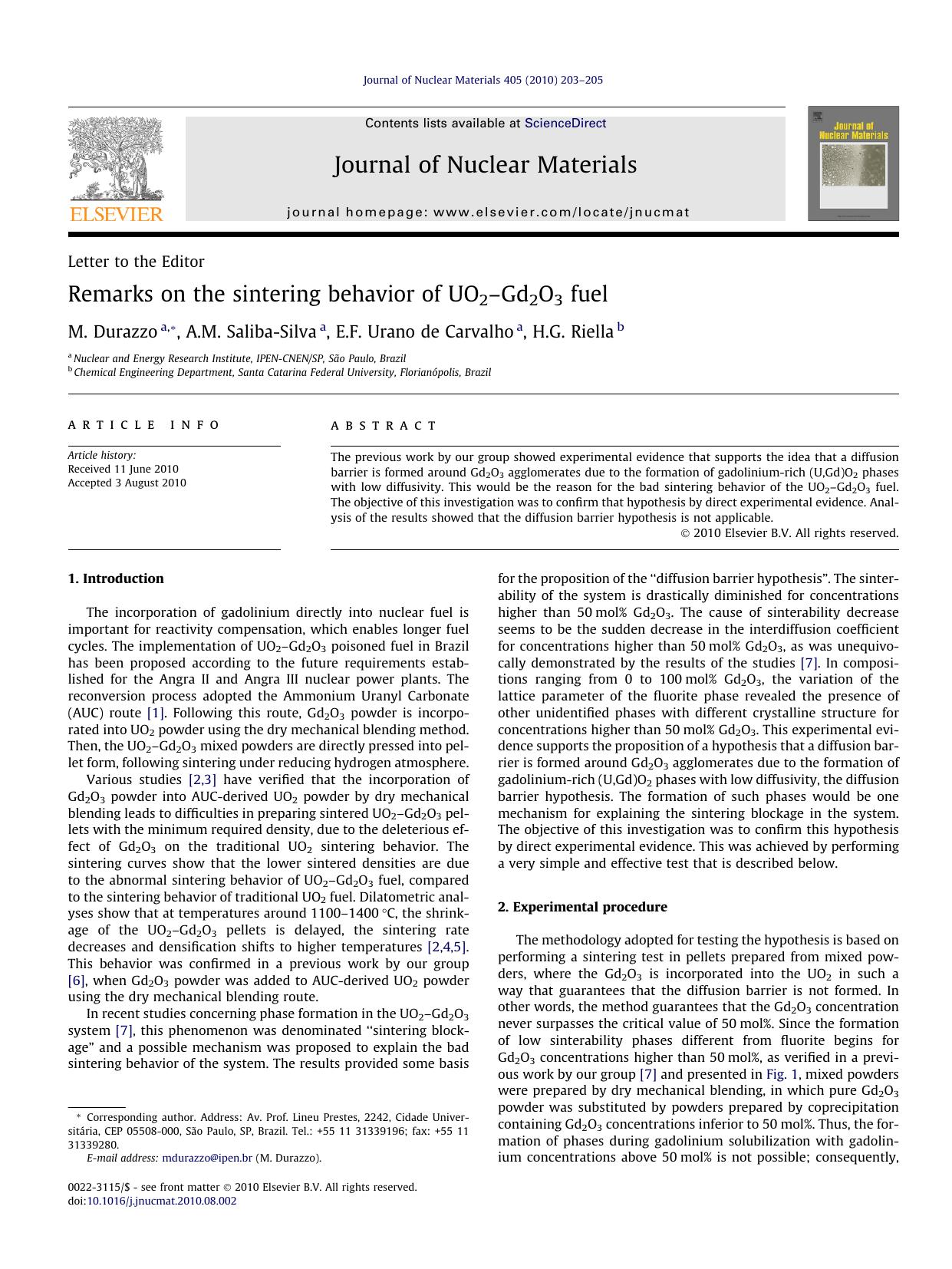 Remarks on the sintering behavior of UO2Ã¢â¬âGd2O3 fuel by M. Durazzo & A.M. Saliba-Silva & E.F. Urano de Carvalho & H.G. Riella