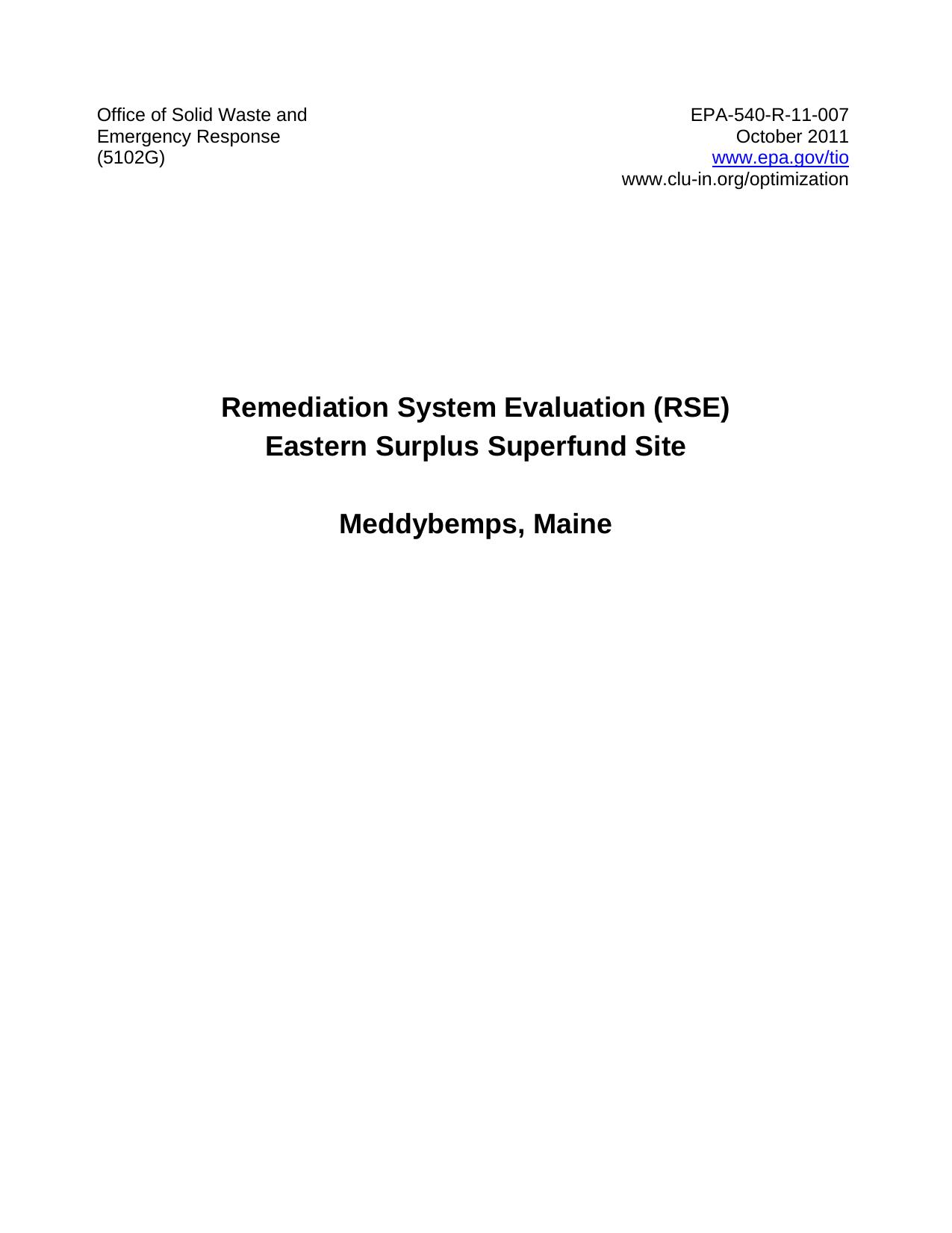 Remediation System Evaluation (RSE): Eastern Surplus Superfund Site, Meddybemps, Maine by U.S. EPA Office of Superfund Remediation and Technology Innovation