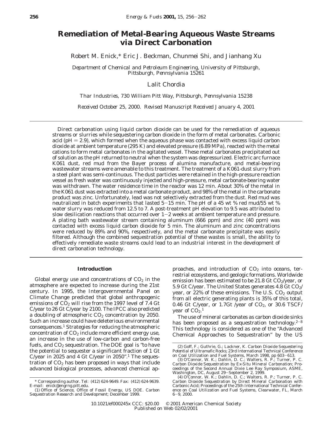 Remediation of Metal-Bearing Aqueous Waste Streams via Direct Carbonation by Unknown