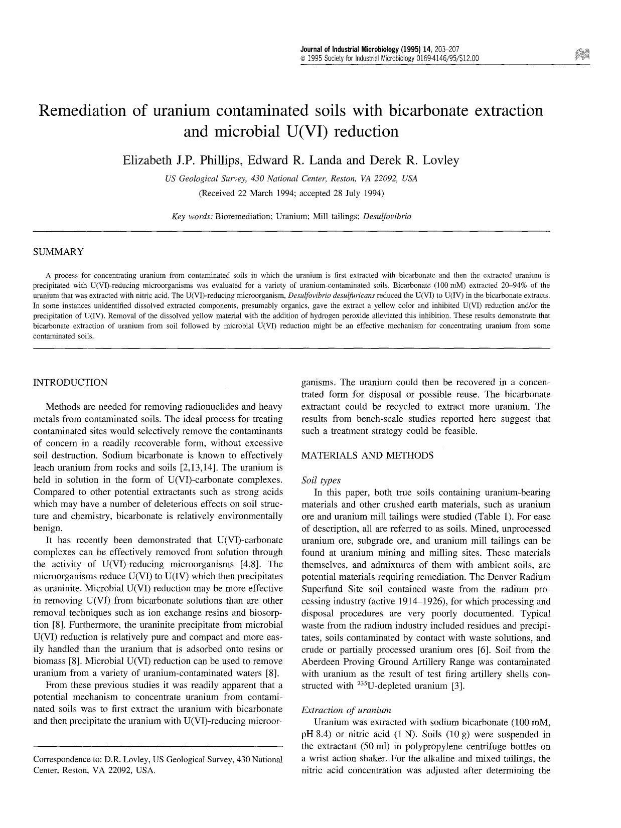 Remediation of uranium contaminated soils with bicarbonate extraction and microbial U(VI) reduction by Unknown
