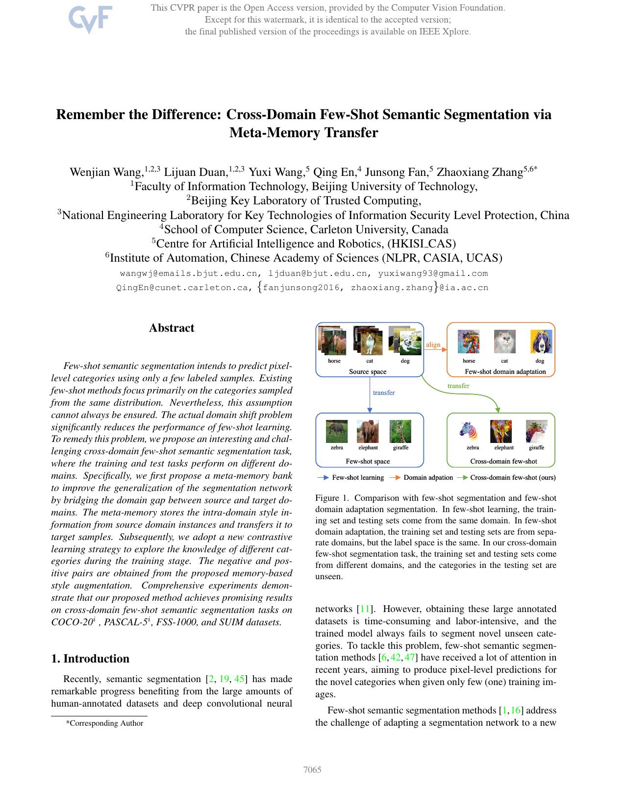 Remember the Difference: Cross-Domain Few-Shot Semantic Segmentation via Meta-Memory Transfer by Wenjian Wang & Lijuan Duan & Yuxi Wang & Qing En & Junsong Fan & Zhaoxiang Zhang