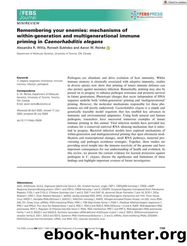 Remembering your enemies: mechanisms of withinâgeneration and multigenerational immune priming in Caenorhabditis elegans by Unknown