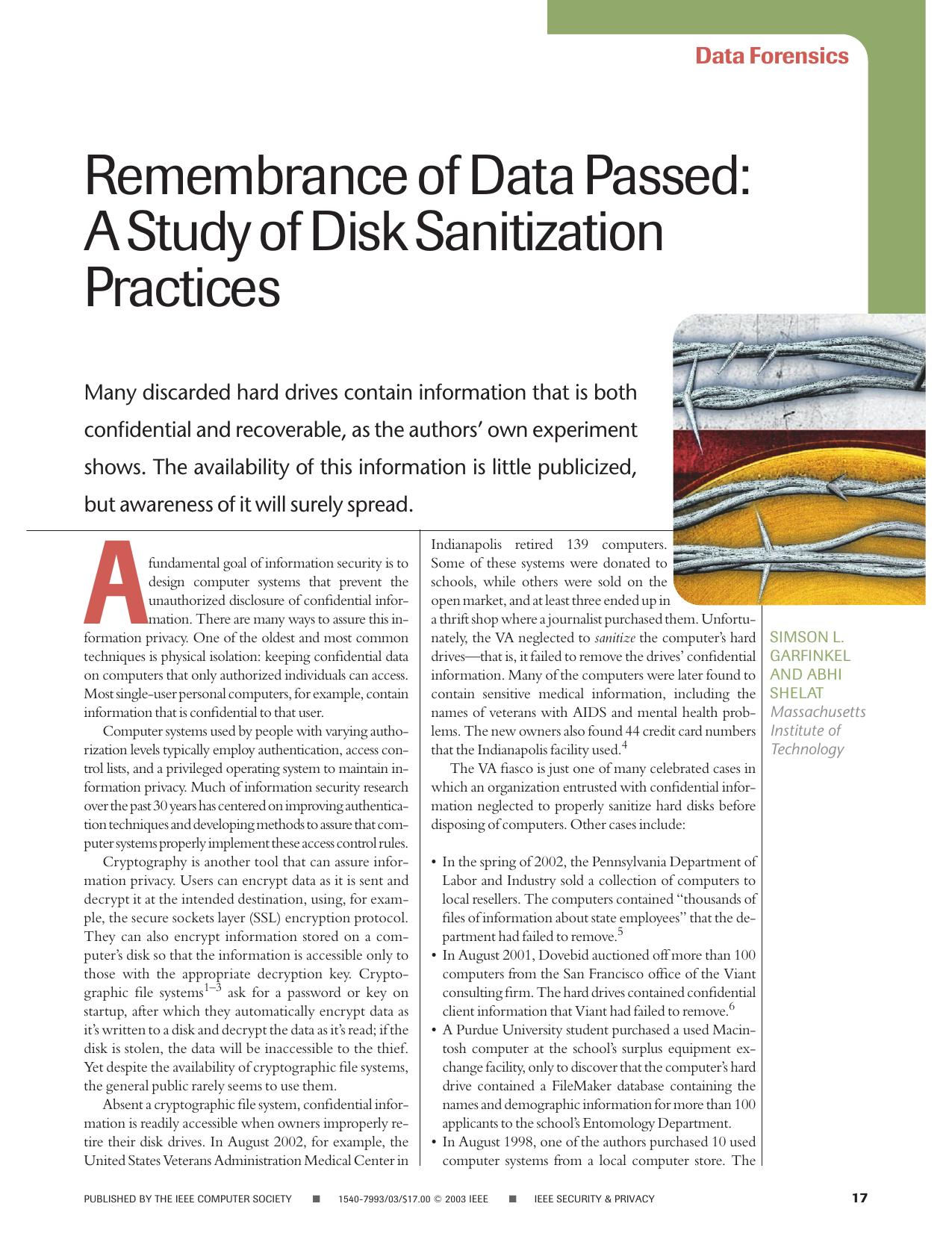 Remembrance of data passed: a study of disk sanitization practices - Security & Privacy Magazine, IEEE by Unknown