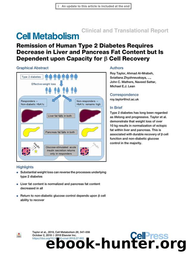 Remission of Human Type 2 Diabetes Requires Decrease in Liver and Pancreas Fat Content but Is Dependent upon Capacity for &beta; Cell Recovery by unknow