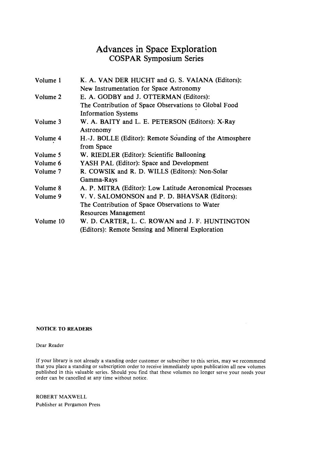 Remote Sensing and Mineral Exploration. Proceedings of a Workshop of the Twenty-Second Plenary Meeting of COSPAR, Bangalore, India, 29 May to 9 June 1979 by W. D. Carter L. C. Rowan and J. F. Huntington (Eds.)
